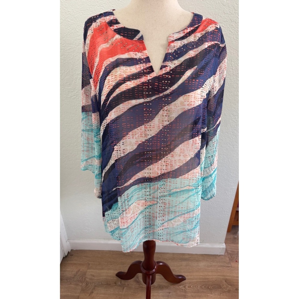JM Collection Sheer Striped Tunic Embellished Women's Size XL Boho Resortwear